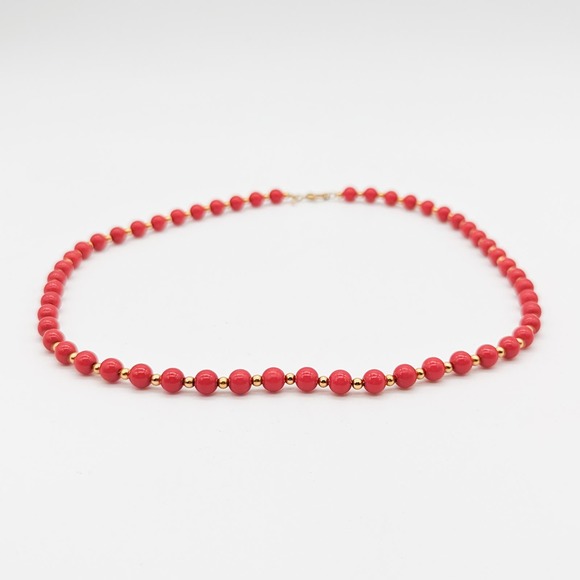 Vintage Monet Red and Gold Acrylic Beaded Necklace Signed - Picture 6 of 11